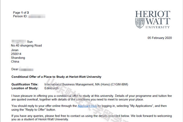 孙同学赫瑞-瓦特大学录取通知书 孙同学赫瑞-瓦特大学录取通知书
