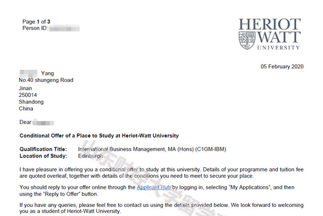 杨同学赫瑞-瓦特大学录取通知书 杨同学赫瑞-瓦特大学录取通知书