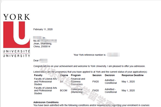 2019级金同学约克大学录取通知书 2019级金同学约克大学录取通知书