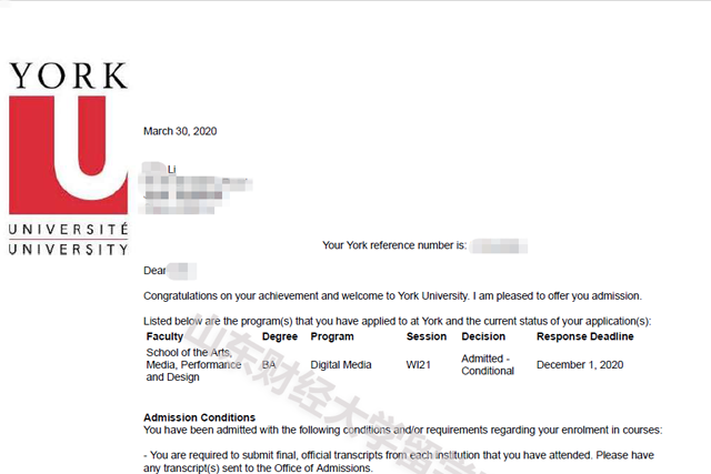 2019级李同学约克大学录取通知书 2019级李同学约克大学录取通知书