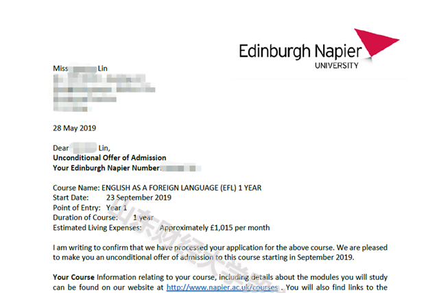 林同学爱丁堡龙比亚大学录取通知书 林同学爱丁堡龙比亚大学录取通知书